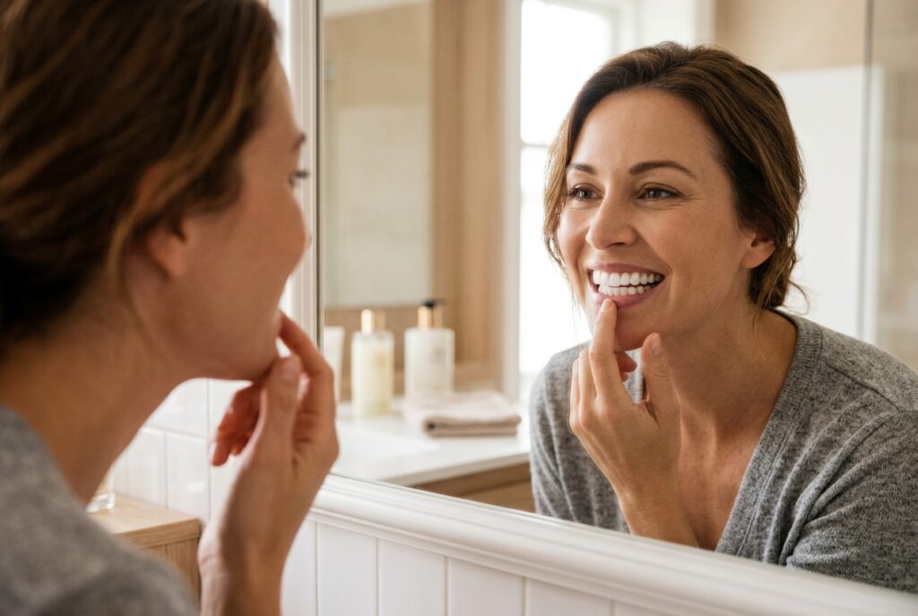 A smiling woman touching her teeth while looking at her reflection in a bathroom mirror.