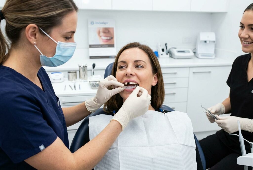 Adult with missing tooth at the dentist getting a mold for a dental bridge