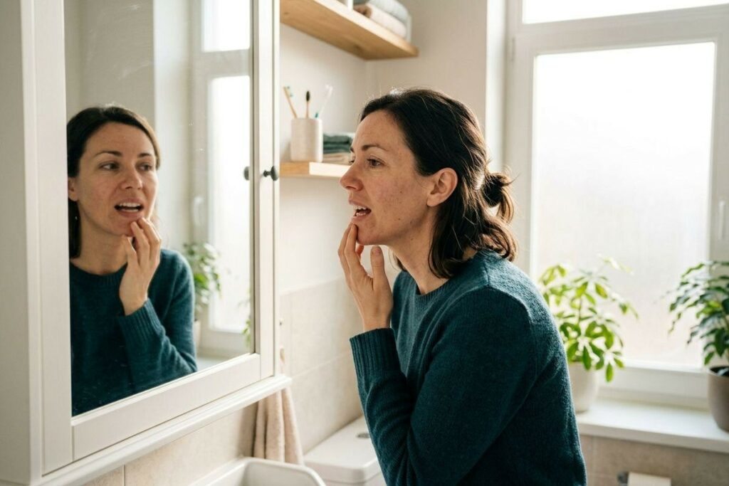 Adult examining their teeth and mouth in a bathroom mirror, touching their chin, with a concerned expression.